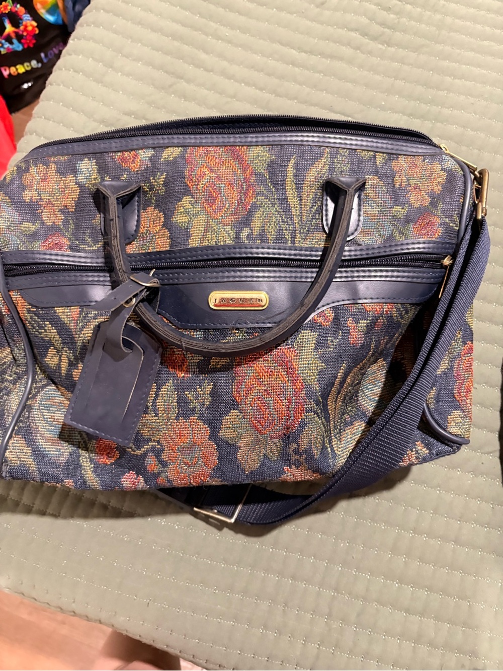 Jaguar Navy Floral Tapestry Weekender with Leather Trim